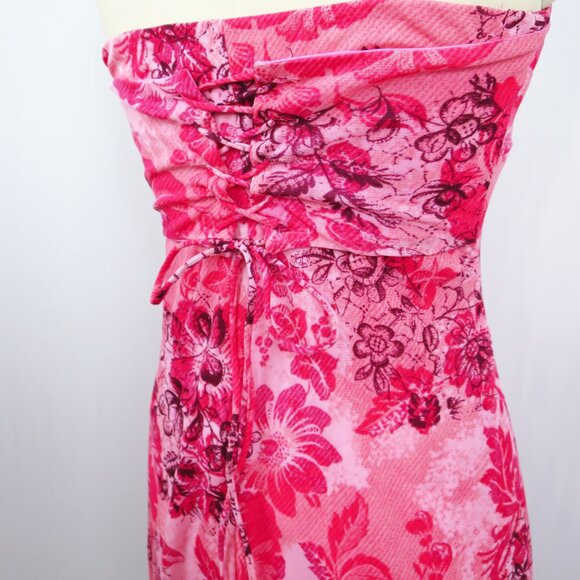 Zinc Strapless Pink Floral Print Dress Tulle Corset Back Flutter Hem M - Picture 6 of 14